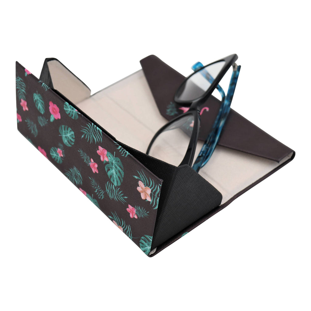 Floral-patterned eyeglass case with a pair of glasses inside on a white background