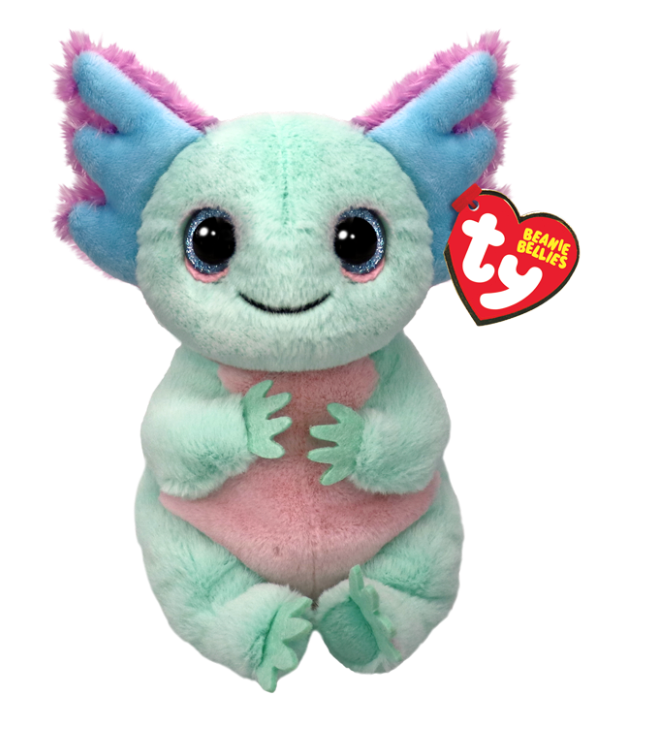 Ty the Tiger Beanie Babies Ty plush toy with a mint green body, pink belly, and blue ears with pink inner linings, featuring a red heart-shaped Ty tag.