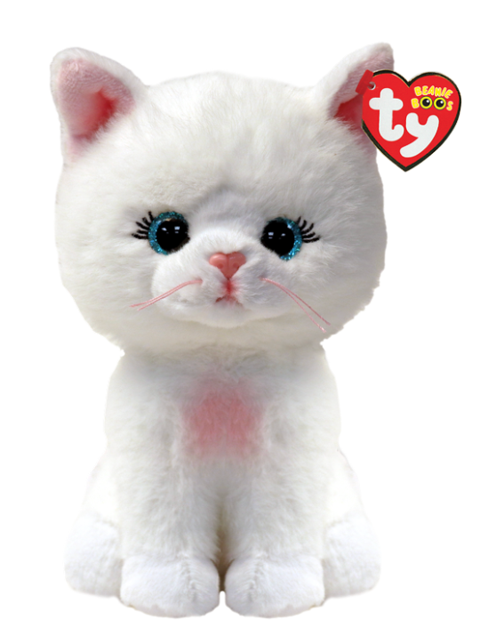 A white plush kitten toy with large blue eyes, pink nose and inner ears, and a red heart-shaped Ty tag on its ear, shown on a plain white background.