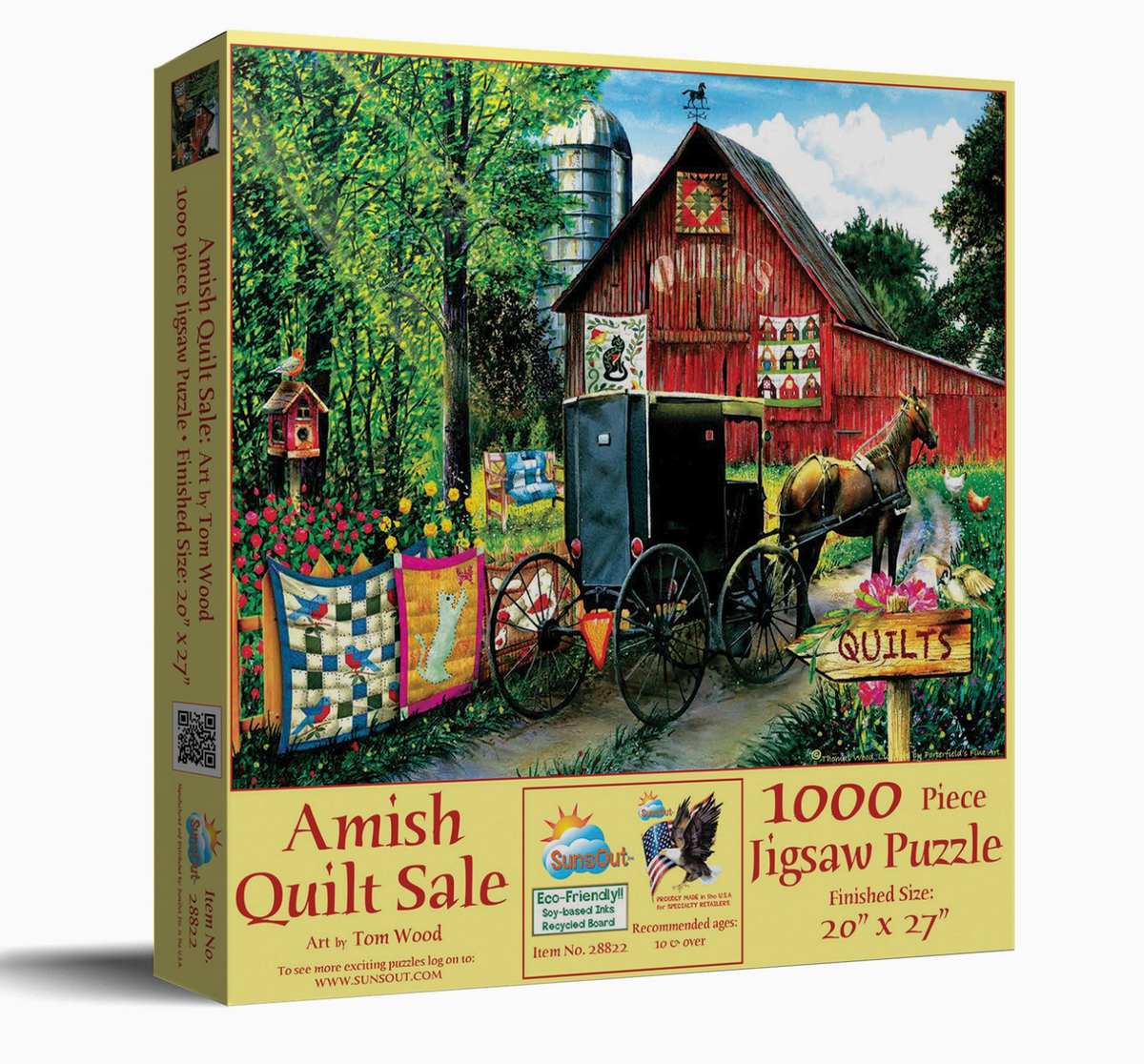 Jigsaw puzzle box featuring a red barn, quilted wagon, and horse with 'Amish Quilt Sale' text.

Details