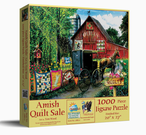 Jigsaw puzzle box featuring a red barn, quilted wagon, and horse with 'Amish Quilt Sale' text.

Details