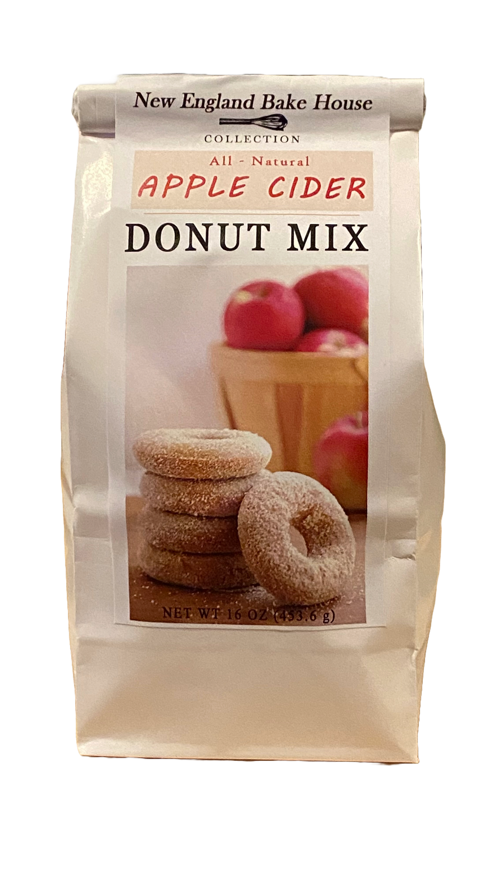 Package of New England Bake House Apple Cider Donut Mix with donuts and apples on the label.