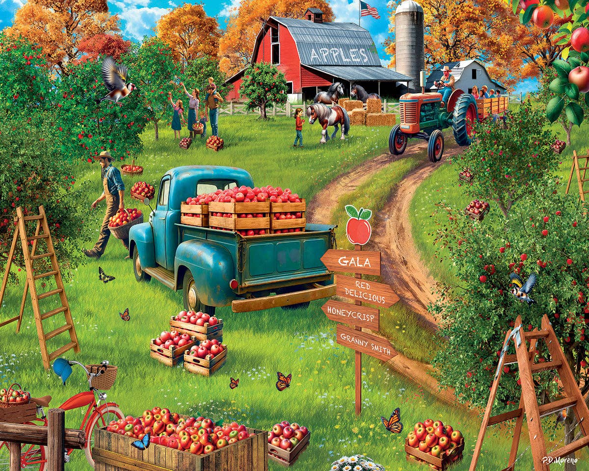 A colorful autumn farm scene filled with people harvesting apples, a vintage blue pickup truck loaded with crates of red apples, a red barn labeled 'APPLES,' a tractor, trees with orange and yellow foliage, and rustic signs including one that reads 'GALA.'.