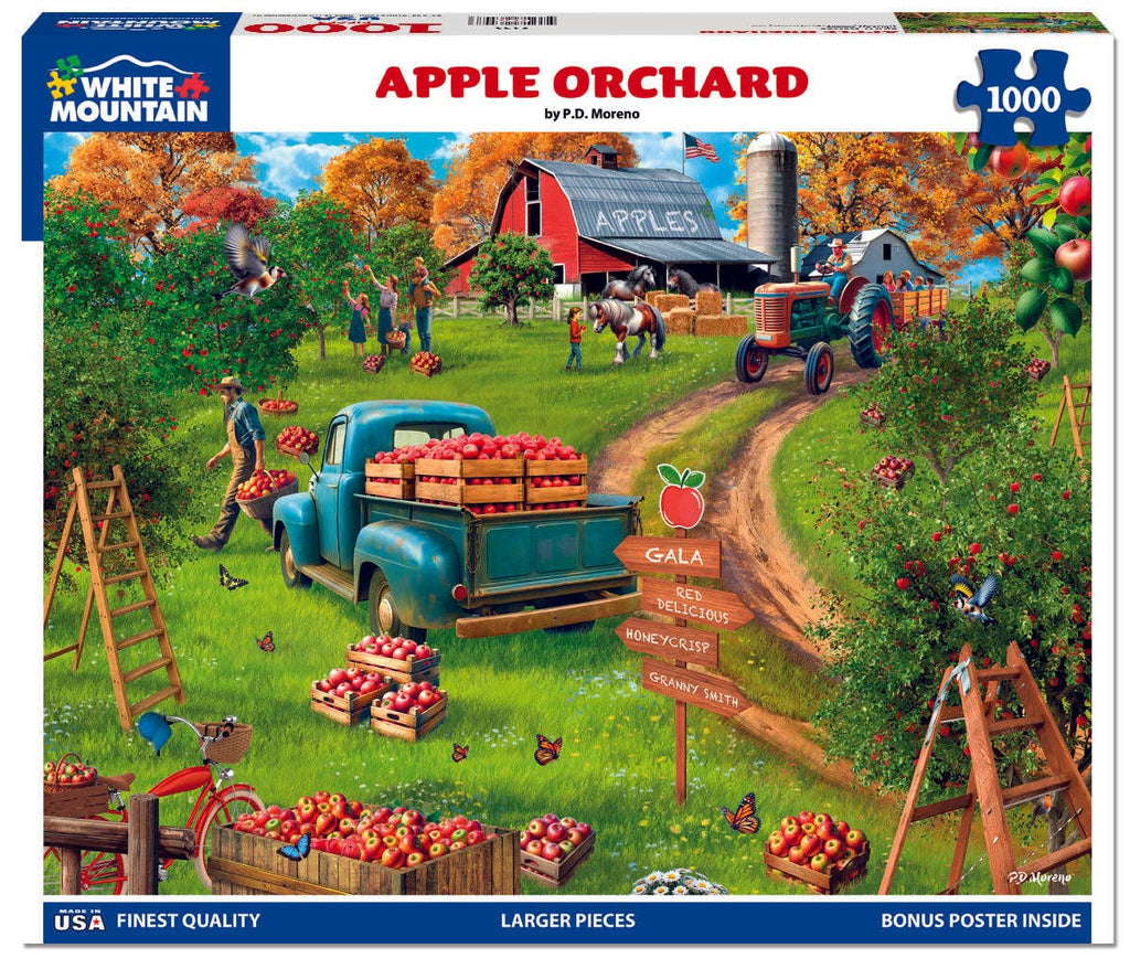 Jigsaw puzzle box featuring an apple orchard scene with a truck, people, and apples.