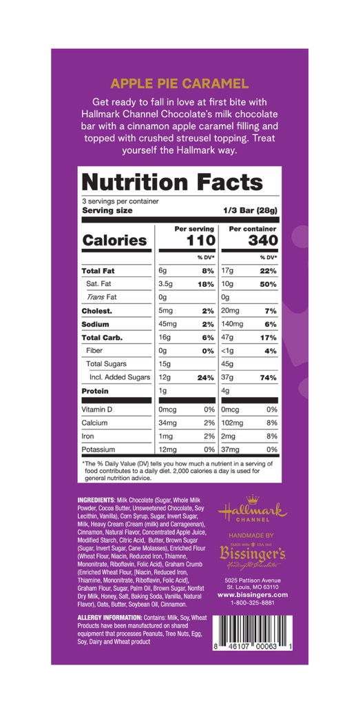 Nutrition facts label for a chocolate bar with apple pie caramel flavor on a purple background.