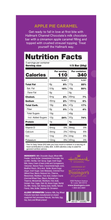 Load image into Gallery viewer, Nutrition facts label for a chocolate bar with apple pie caramel flavor on a purple background.
