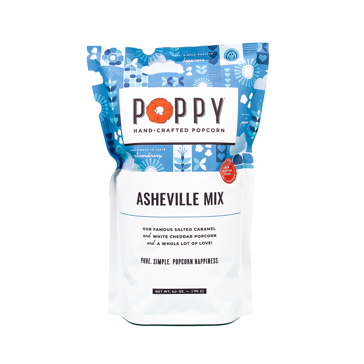 Poppy hand-crafted popcorn bag with blue floral design on a white background