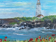 Load image into Gallery viewer, Lighthouse with Poppies - Original Framed Painting, Acrylic on Reclaimed Wood
