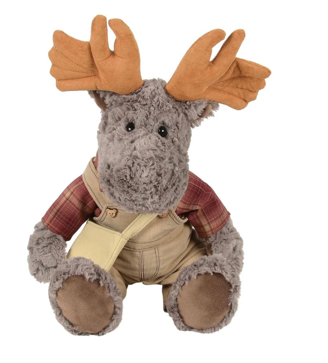 Plush moose toy wearing a plaid shirt and suspenders on a white background