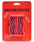 Packaged bacon-themed socks with red packaging and visible brand name.