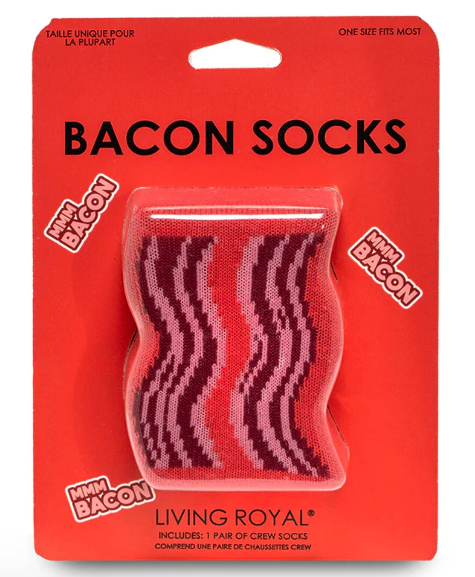 Packaged bacon-themed socks with red packaging and visible brand name.