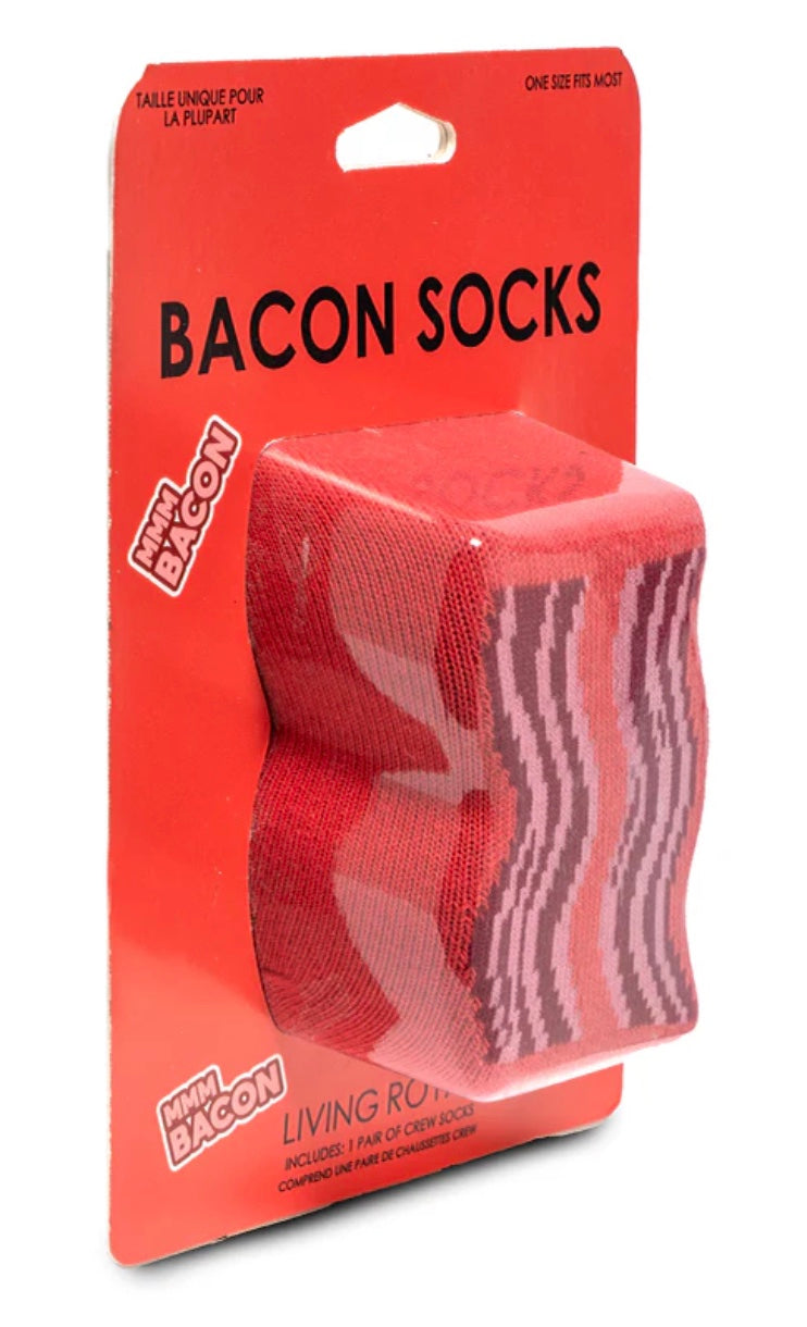 Packaged bacon-themed socks with red packaging and visible bacon pattern.