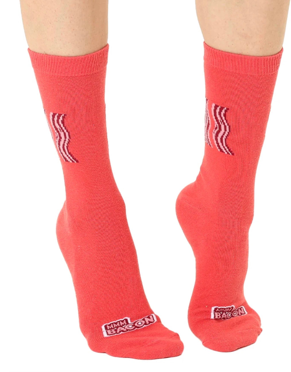 Red socks with bacon graphic and 'MMM Bacon' text on a white background