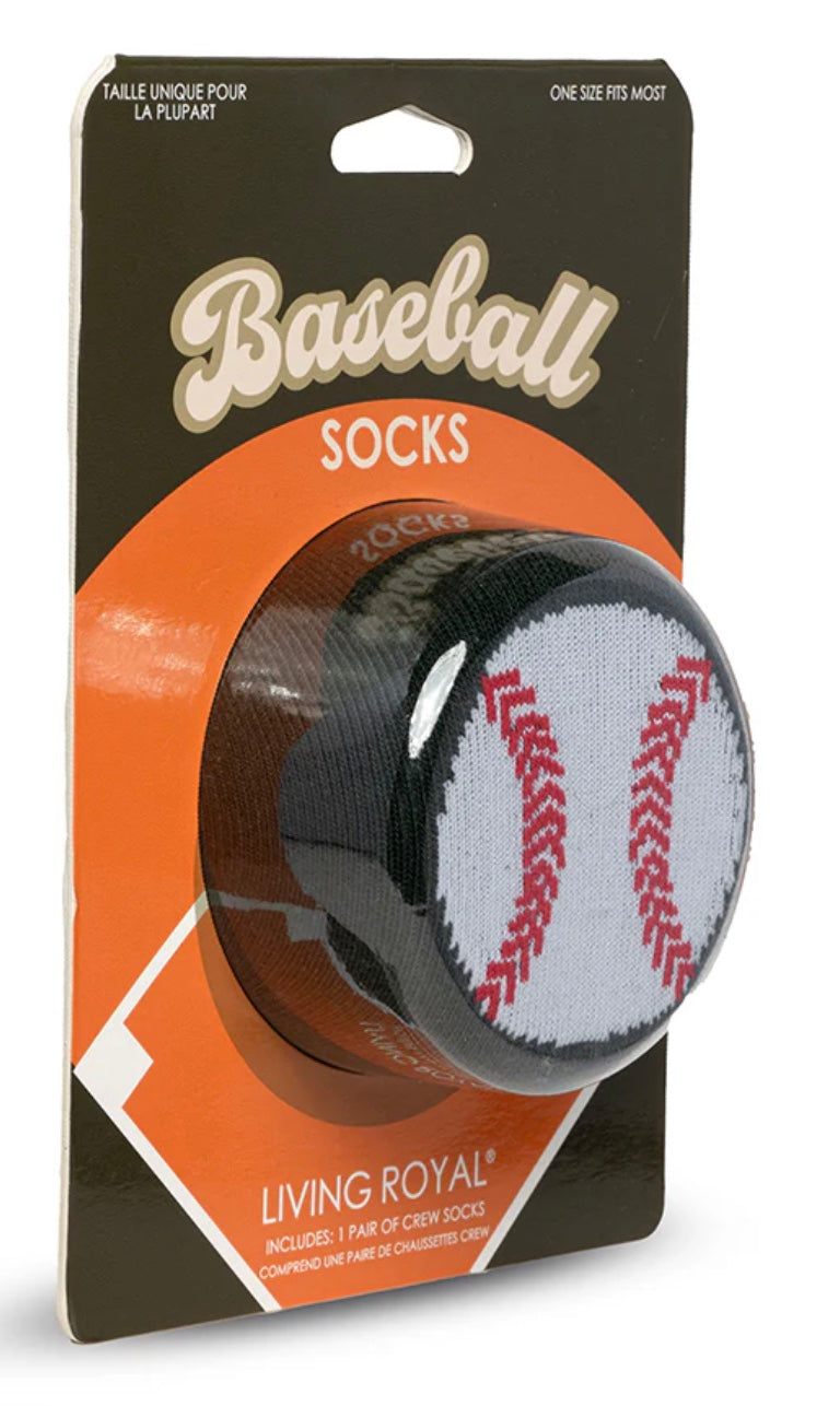 Packaged baseball socks with a baseball design on the packaging.