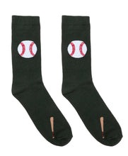 Load image into Gallery viewer, Black socks with baseball graphics on a white background
