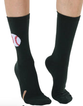 Load image into Gallery viewer, 


Black socks with a logo on one foot against a white background
