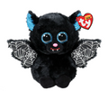 Ty the Toony Tuff Beanie Boo plush bat toy with black fur, glittery blue ears and eyes, a pink nose, and white spiderweb-patterned wings, shown on a plain white background with its red Ty hangtag visible.