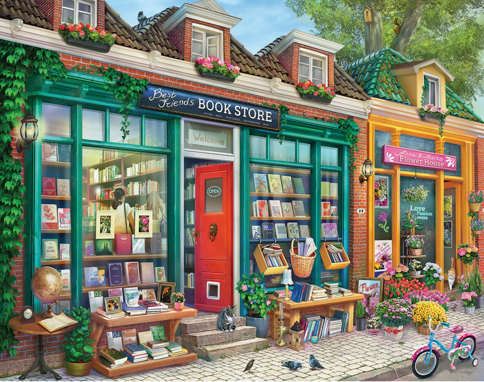Illustration of a quaint book store with a red door and various books displayed.