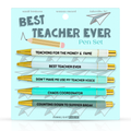 Pen set with humorous sayings on a light blue card labeled 'Best Teacher Ever'.