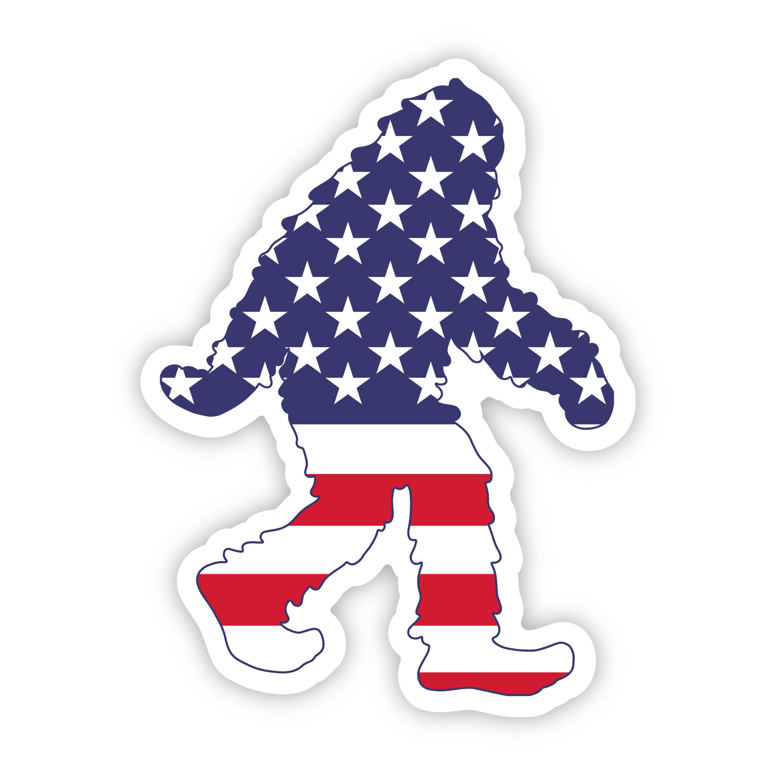 Bigfoot silhouette with American flag pattern on a white background