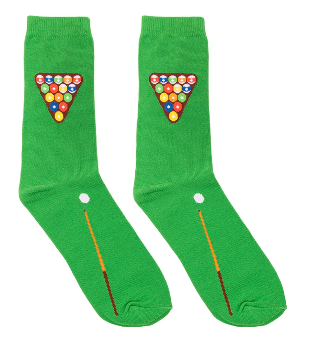 Green socks with billiard ball and cue stick design on a white background