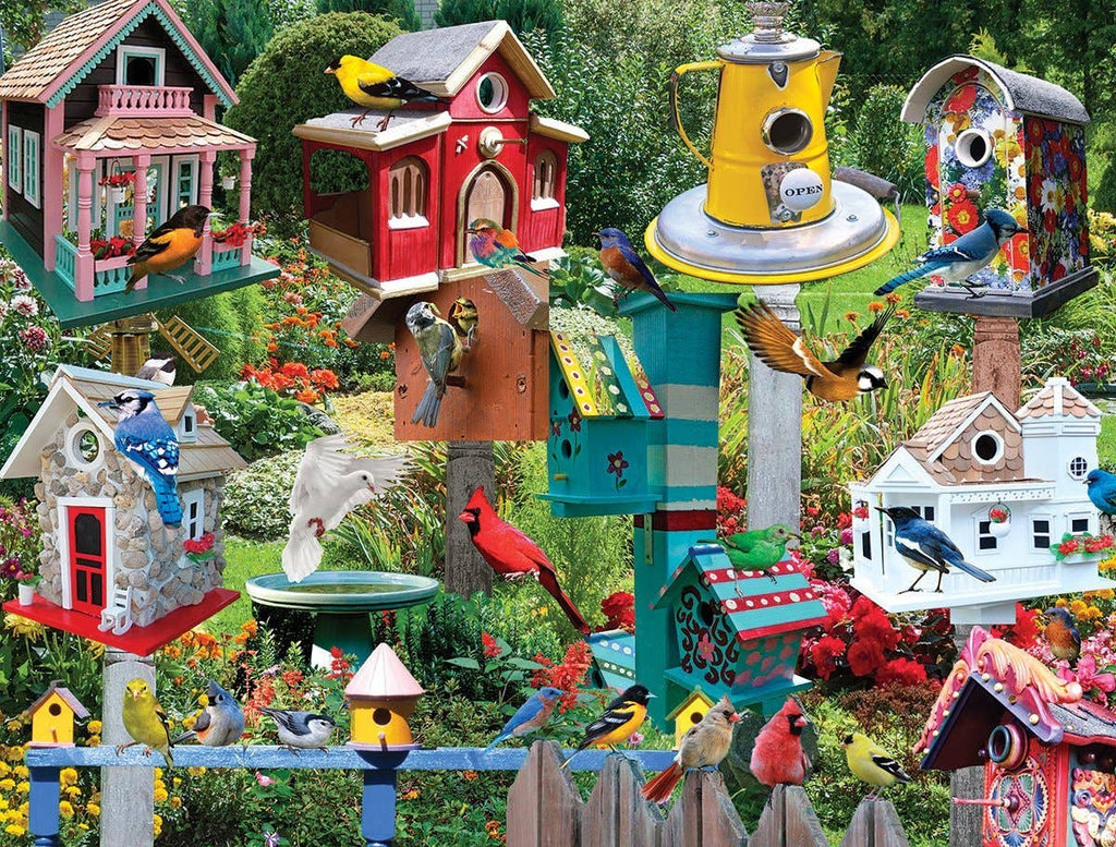 A dense, colorful garden scene filled with multiple birdhouses, bird feeders, perched birds, flowers, and greenery. No single packaged retail product is isolated; the image functions as a decorative scene or print-style artwork rather than a standard product shot.