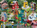 A dense, colorful garden scene filled with multiple birdhouses, bird feeders, perched birds, flowers, and greenery. No single packaged retail product is isolated; the image functions as a decorative scene or print-style artwork rather than a standard product shot.