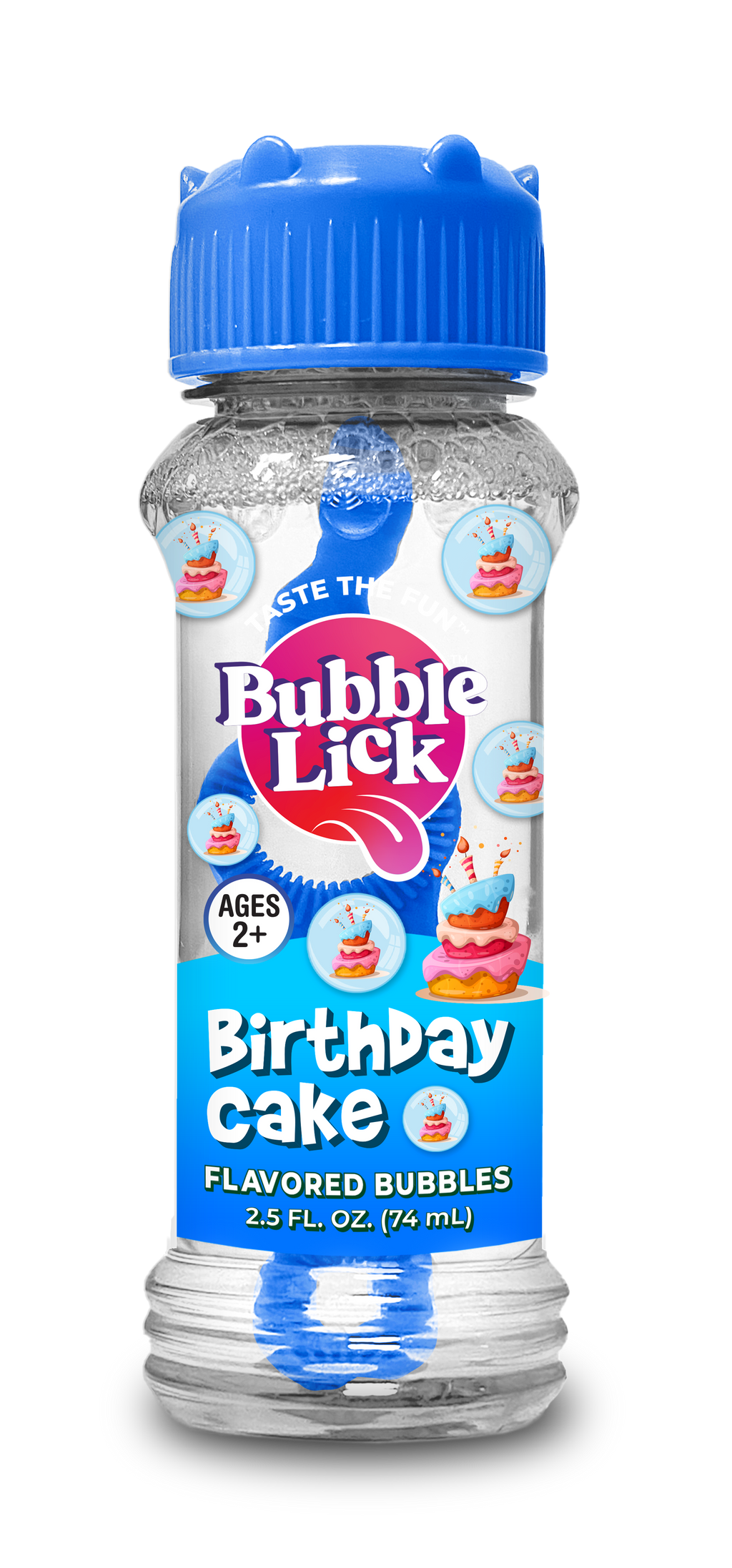 Bottle of Bubble Lick Birthday Cake flavored bubbles with blue cap on white background