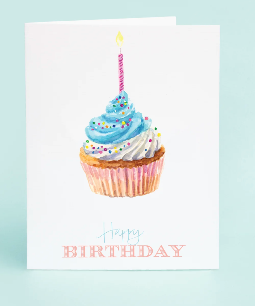 Birthday card with a cupcake and candle on a light blue background