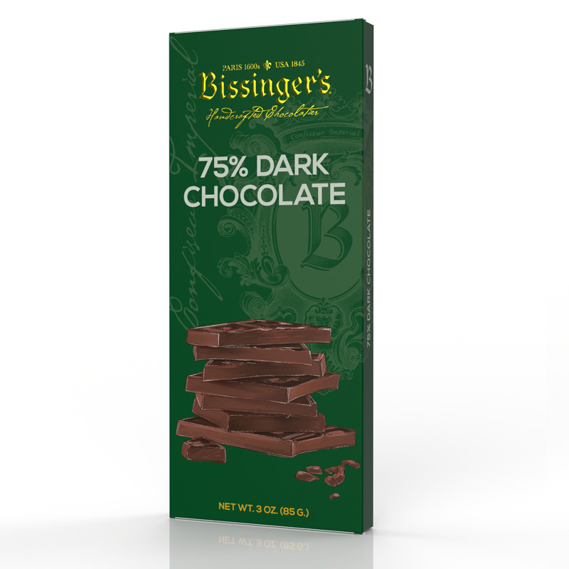 Bissinger's 75% Dark Chocolate packaging on a white background