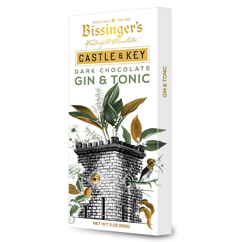 Bissinger's Castle & Key Dark Chocolate Gin & Tonic packaging on a white background
