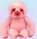 A pink sloth plush toy with large black eyes, a pink snout, and pink claws, shown against a light blue gradient background.