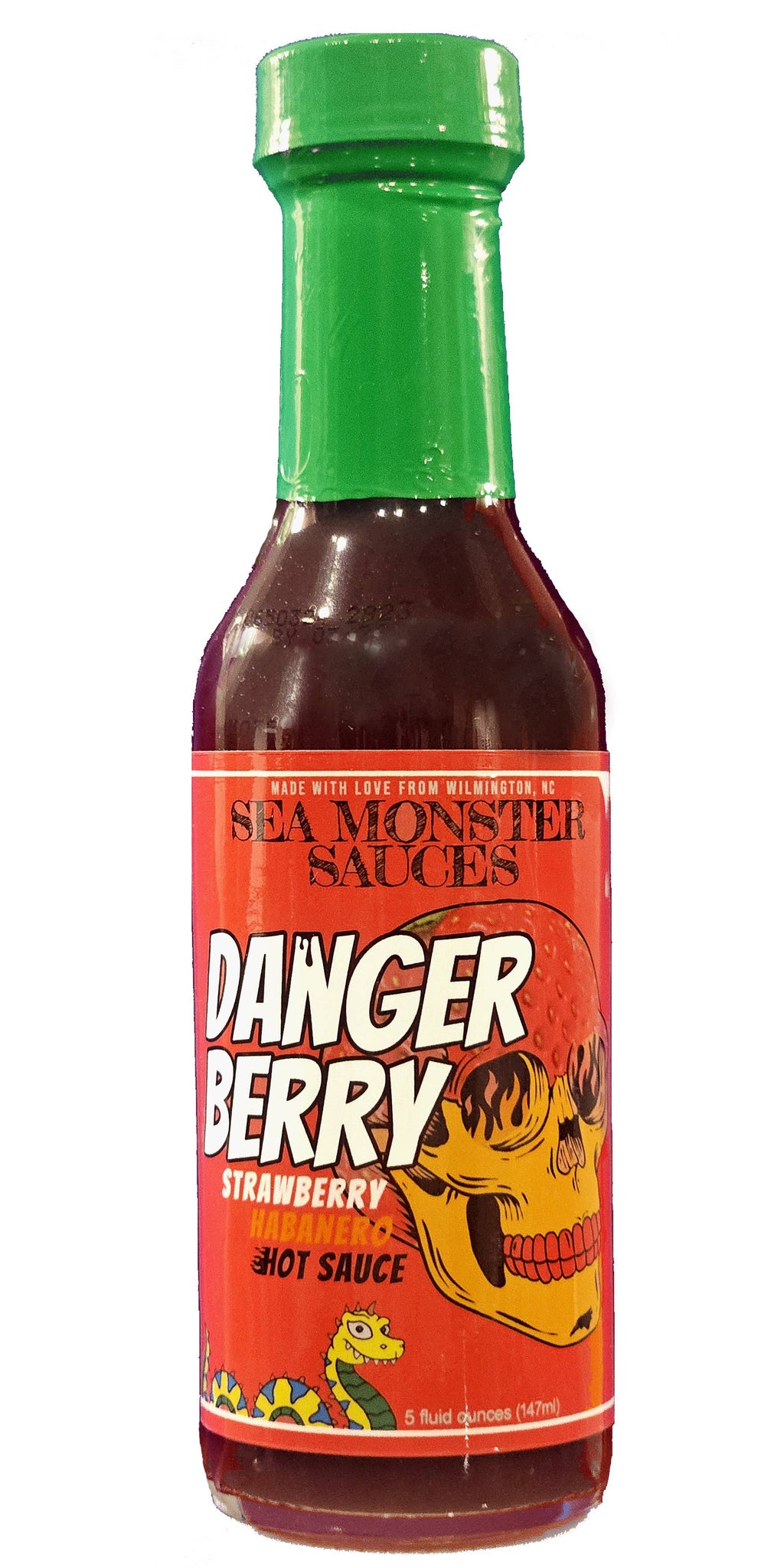Bottle of Sea Monster Sauces Danger Berry Strawberry Hot Sauce with a green cap on a white background