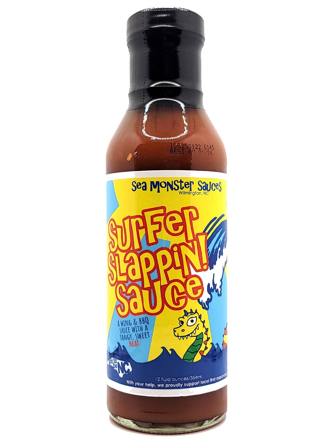 Bottle of 'Surfer Slappin Sauce' with colorful label on a white background