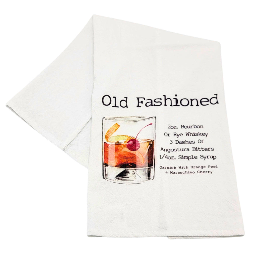 White towel with Old Fashioned cocktail recipe printed on it