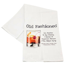 Load image into Gallery viewer, White towel with Old Fashioned cocktail recipe printed on it
