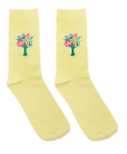Load image into Gallery viewer, Pair of yellow socks with floral designs on a white background
