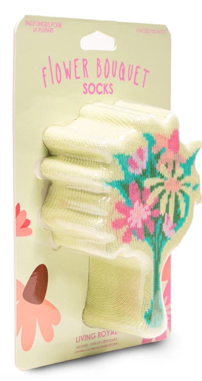 Packaged flower bouquet socks with floral design on packaging