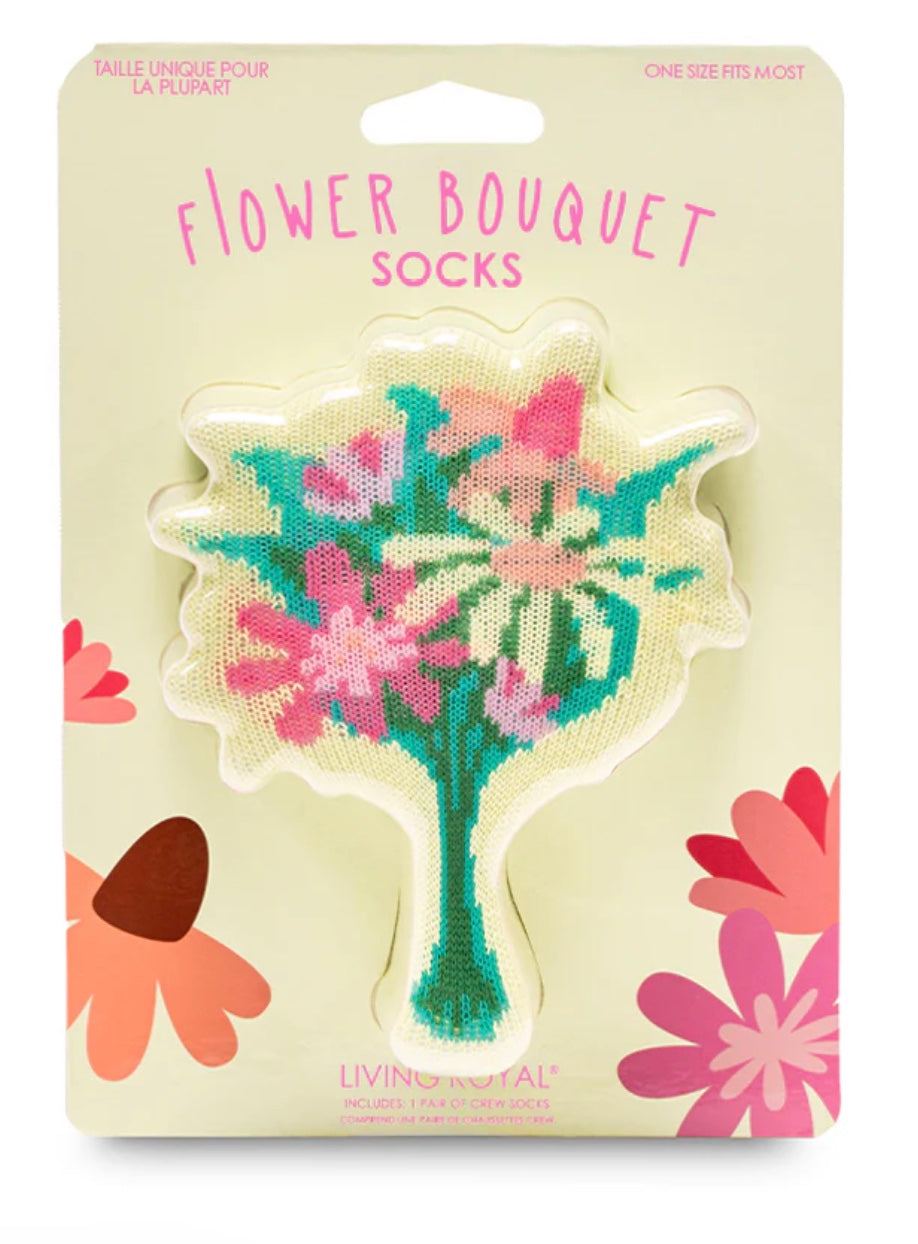 Packaging of flower bouquet socks with floral design and 'Living Royal' branding.