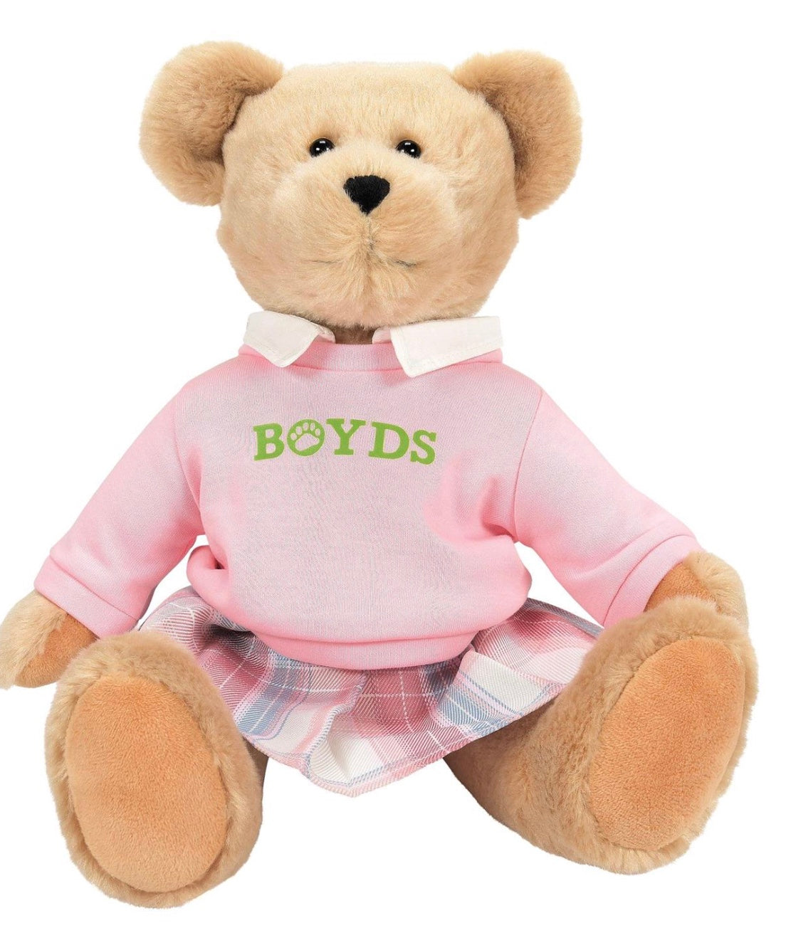 Teddy bear wearing a pink shirt with 'BOYDS' text and a plaid skirt on a white background

Details