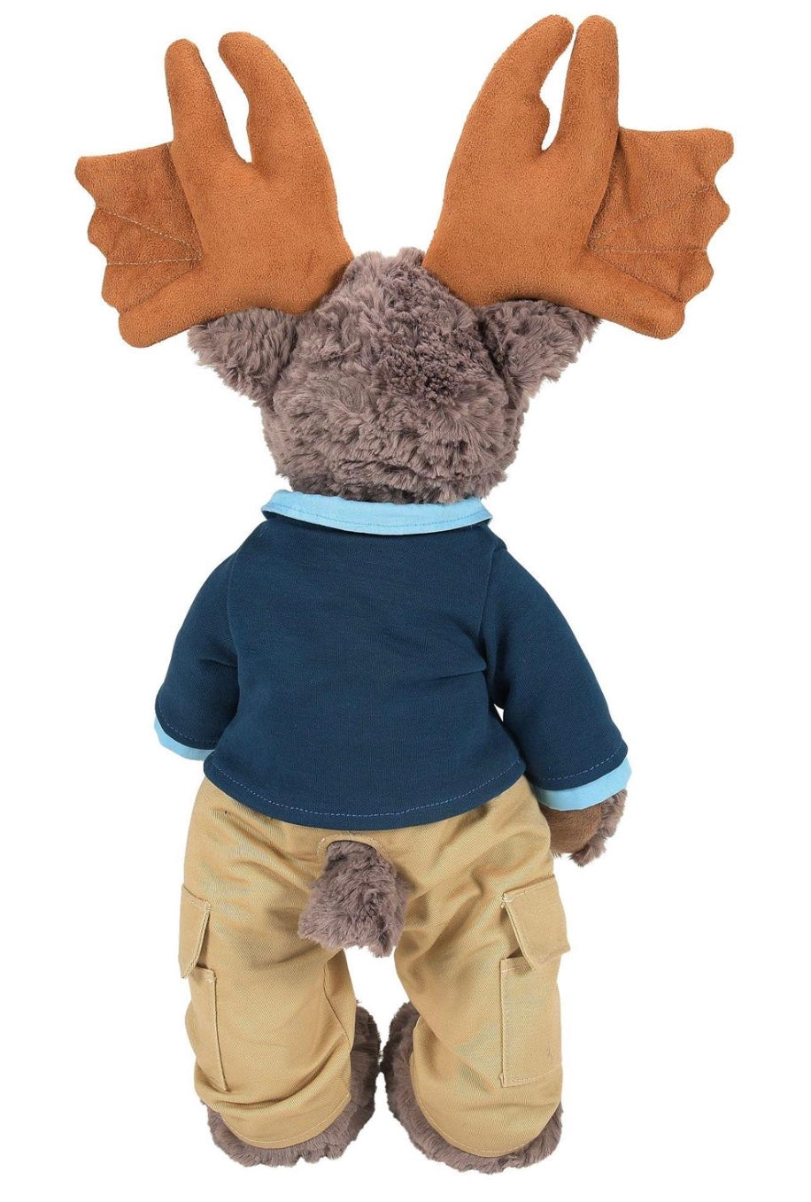 Stuffed animal with antlers wearing a blue shirt and beige pants on a white background