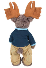 Load image into Gallery viewer, Stuffed animal with antlers wearing a blue shirt and beige pants on a white background
