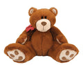 Brown teddy bear with a pink bow on a white background