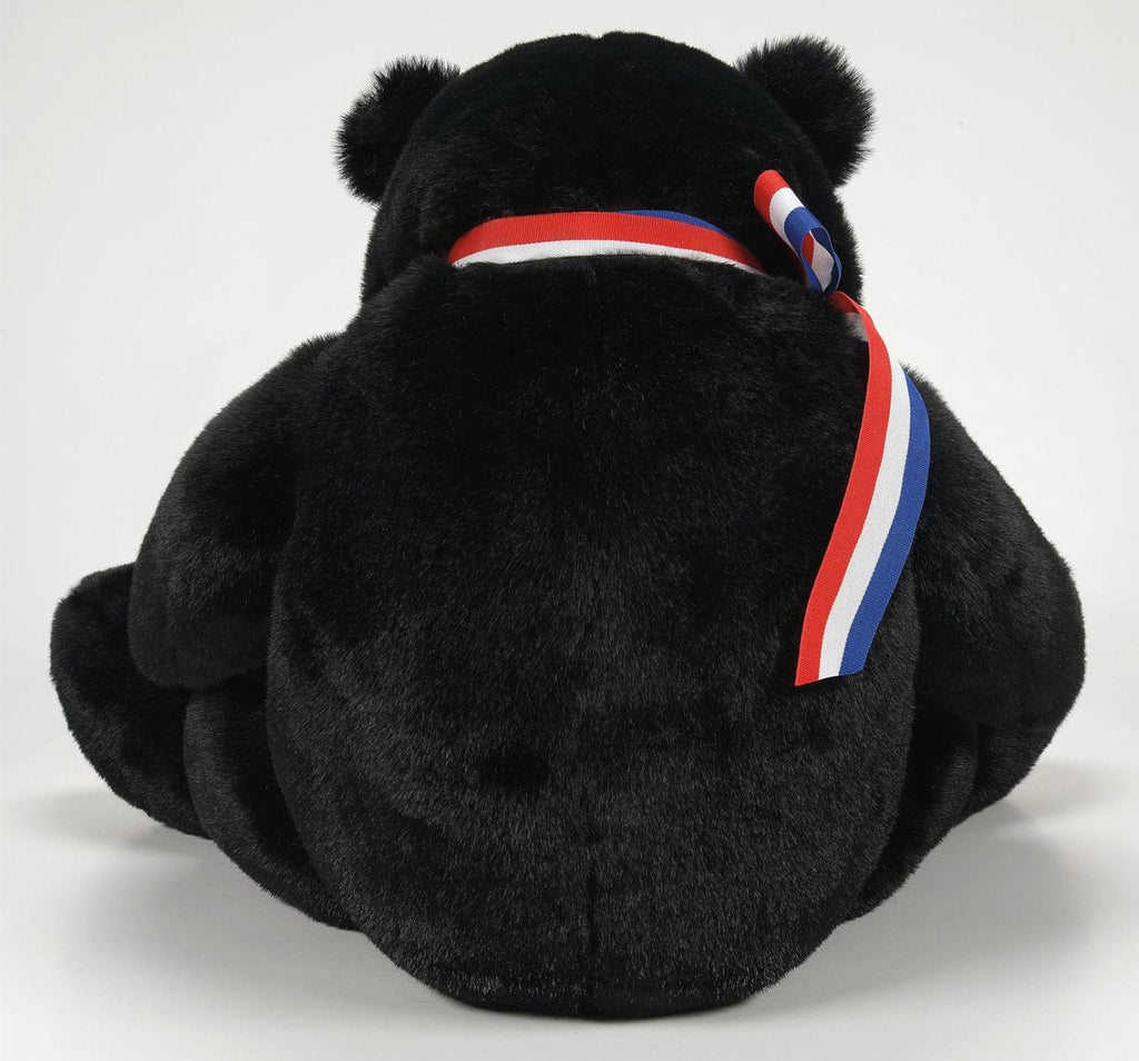Black plush toy with a red, white, and blue ribbon on a white background

