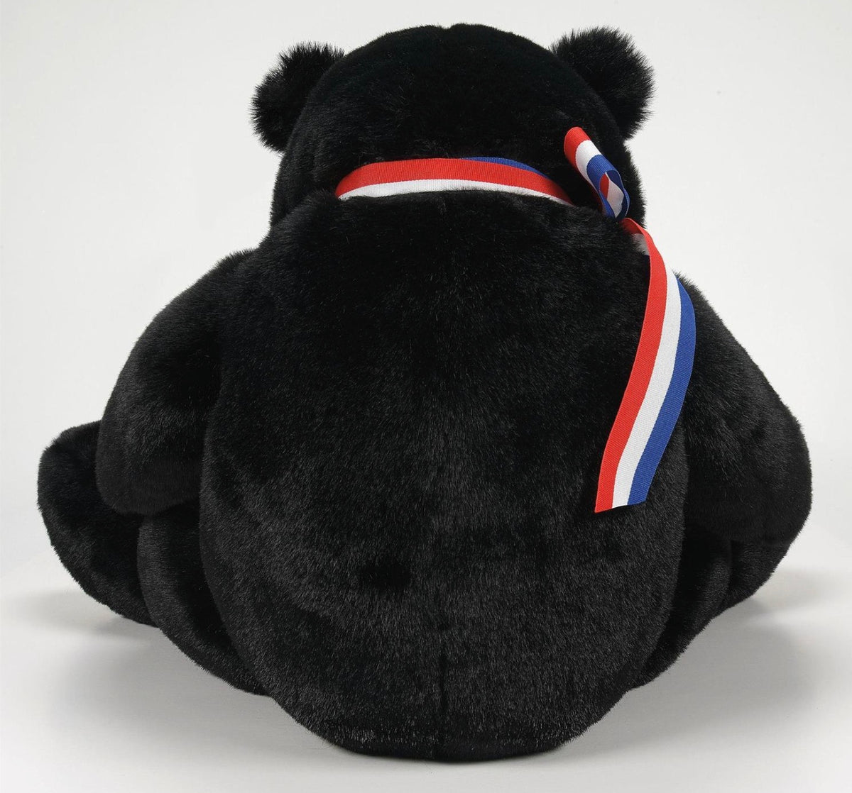 Black plush toy with a red, white, and blue ribbon on a white background


