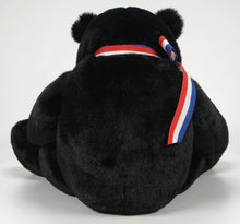Load image into Gallery viewer, Black plush toy with a red, white, and blue ribbon on a white background


