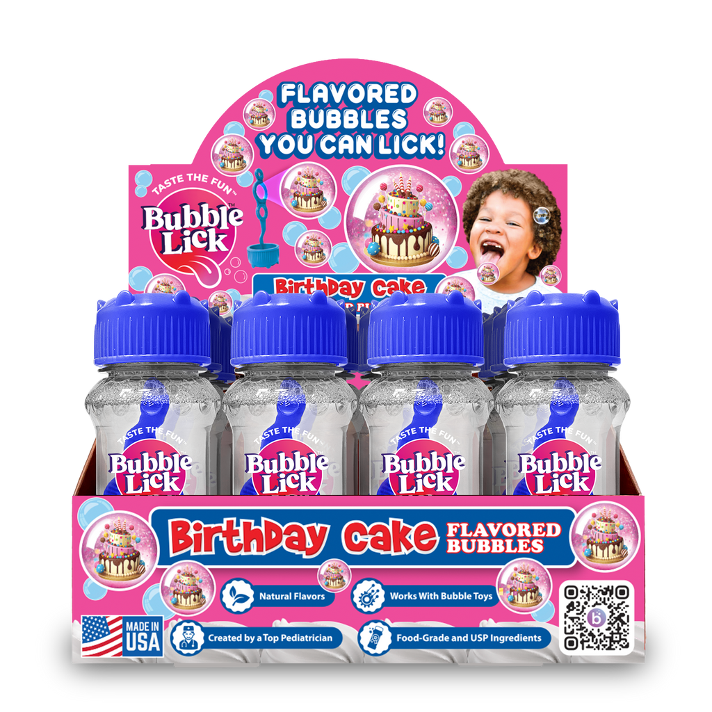 Box of Bubble Lick Birthday Cake flavored bubbles with child's face on packaging