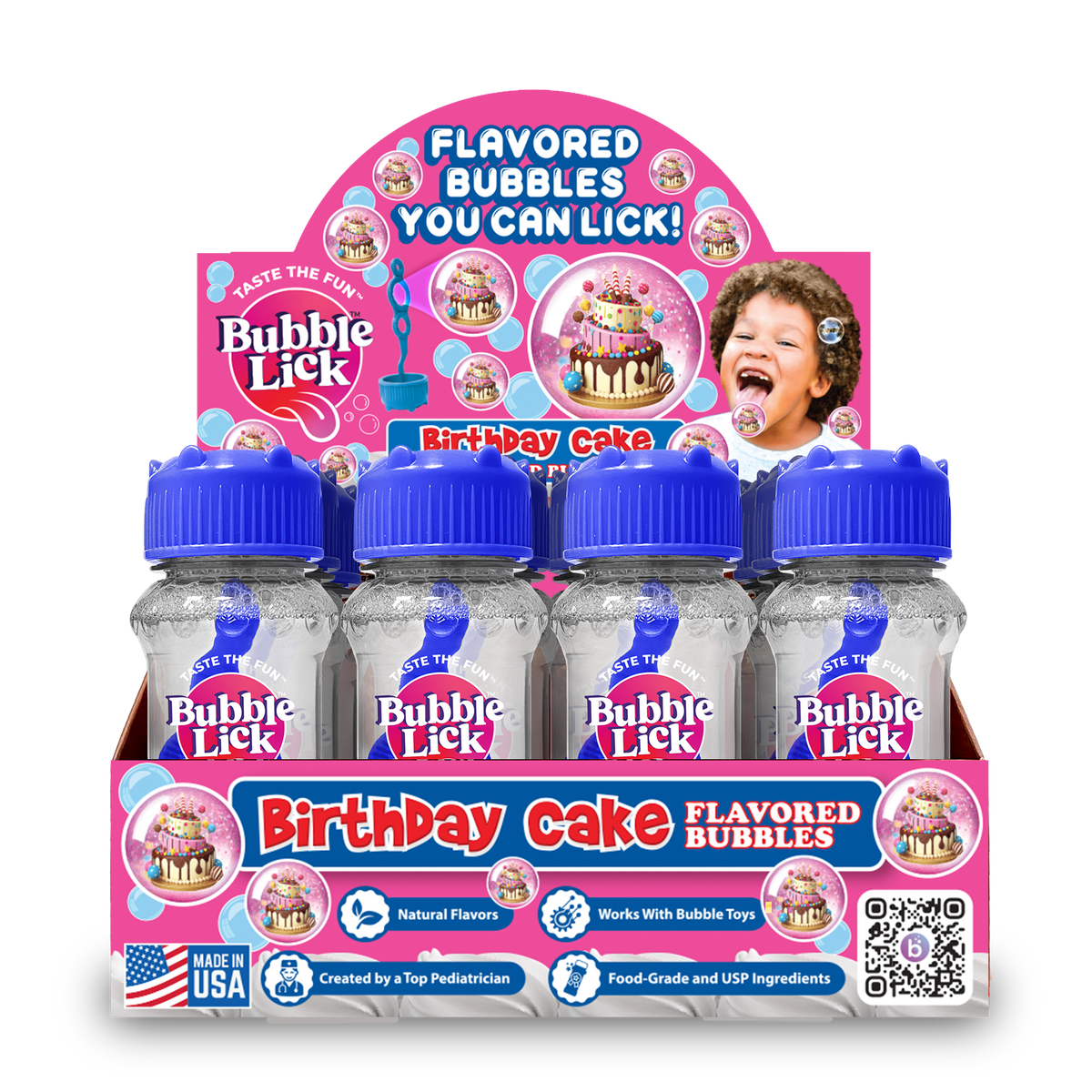 Box of Bubble Lick Birthday Cake flavored bubbles with child's face on packaging