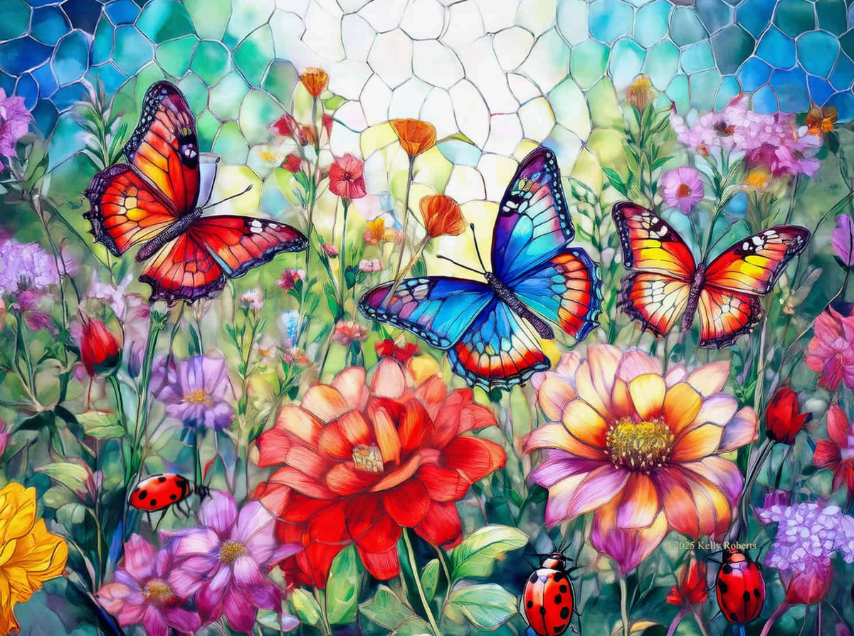 Colorful butterflies and flowers in a stained glass style
