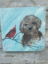 Load image into Gallery viewer, Doodle Dog and Cardinal- Hand-painted Wooden Square Pallet Wood Wall Decor
